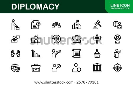 Diplomacy Icons. Professional Vector Illustrations for International Relations, Negotiations, and Global Communication Projects