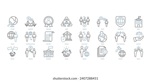 Symbole für Diplomatie gesetzt. Set bearbeitbarer Strich-Symbole.Vektorsatz der Diplomatie