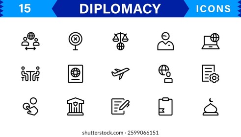 Diplomacy and International Affairs Icon Set. Versatile Icons for Global Diplomacy, Peace Talks, and Global Cooperation