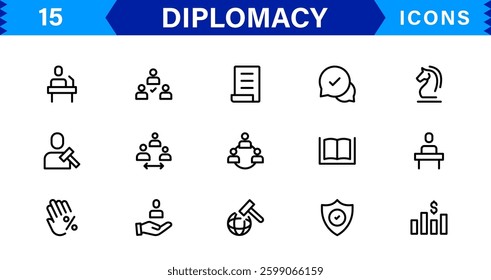 Diplomacy and International Affairs Icon Set. Versatile Icons for Global Diplomacy, Peace Talks, and Global Cooperation