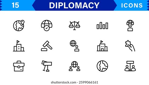 Diplomacy and International Affairs Icon Set. Versatile Icons for Global Diplomacy, Peace Talks, and Global Cooperation