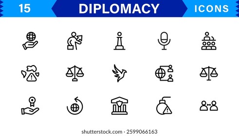 Diplomacy and International Affairs Icon Set. Versatile Icons for Global Diplomacy, Peace Talks, and Global Cooperation