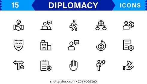 Diplomacy and International Affairs Icon Set. Versatile Icons for Global Diplomacy, Peace Talks, and Global Cooperation
