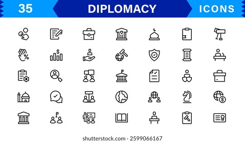 Diplomacy and International Affairs Icon Set. Versatile Icons for Global Diplomacy, Peace Talks, and Global Cooperation