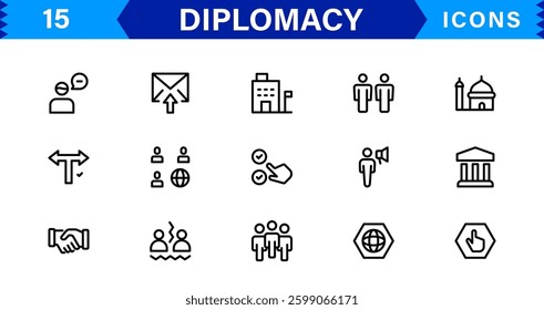 Diplomacy and International Affairs Icon Set. Versatile Icons for Global Diplomacy, Peace Talks, and Global Cooperation