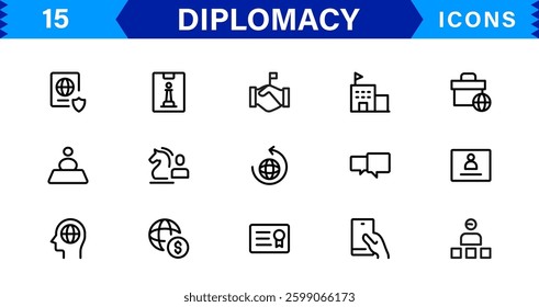 Diplomacy and International Affairs Icon Set. Versatile Icons for Global Diplomacy, Peace Talks, and Global Cooperation