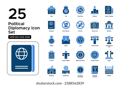 Diplomacy and International Relations. Global Negotiation, Peace Talks, and Foreign Policy. Vector Illustration. Solid duo tone icon set