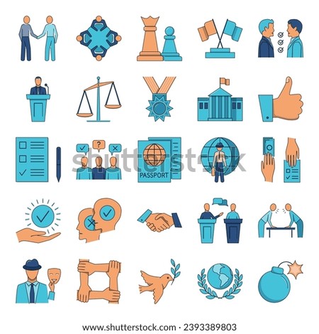 Diplomacy and international relations icon set in flat style. Vector illustration.