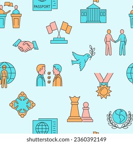 Diplomatie und internationale Beziehungen nahtlose Muster im farbigen Linienstil. Vektorgrafik.