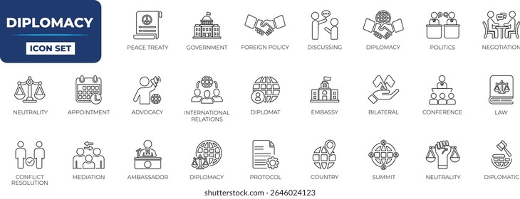 Diplomacy line icon set. Solid line icon collection design.