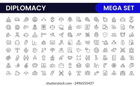 Diplomacy Line  Icons set. Vector illustration in modern thin line style of political dialogue related icons: summit, diplomatic, politics, debate, and more.