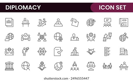 Diplomacy Line  Icons set. Vector illustration in modern thin line style of political dialogue related icons: summit, diplomatic, politics, debate, and more.