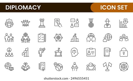 Diplomacy Line  Icons set. Vector illustration in modern thin line style of political dialogue related icons: summit, diplomatic, politics, debate, and more.