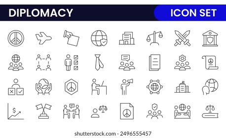 Diplomacy Line  Icons set. Vector illustration in modern thin line style of political dialogue related icons: summit, diplomatic, politics, debate, and more.