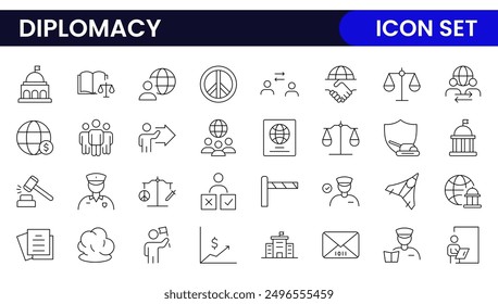 Diplomacy Line  Icons set. Vector illustration in modern thin line style of political dialogue related icons: summit, diplomatic, politics, debate, and more.