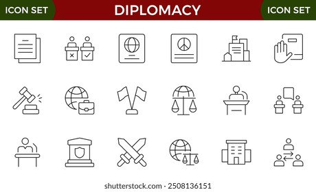 Diplomacy Line Icons set. Vector illustration in modern thin line style of political dialogue related icons: summit, diplomatic, politics, debate, and more.