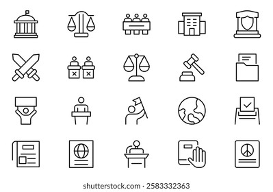 Diplomacy Line Icons set. Vector illustration in modern thin line style of political dialogue related icons: summit, diplomatic, politics, debate, and more.