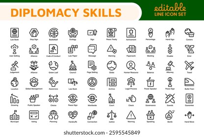 Diplomacy Line  Icons set. Vector illustration in modern thin line style of political dialogue related icons: summit, diplomatic, politics, debate, and more.