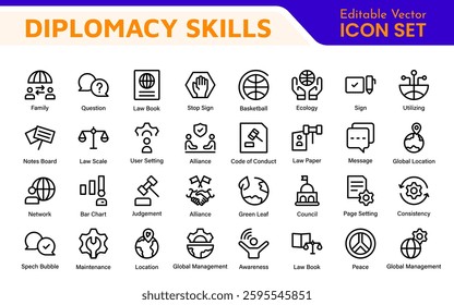 Diplomacy Line  Icons set. Vector illustration in modern thin line style of political dialogue related icons: summit, diplomatic, politics, debate, and more.