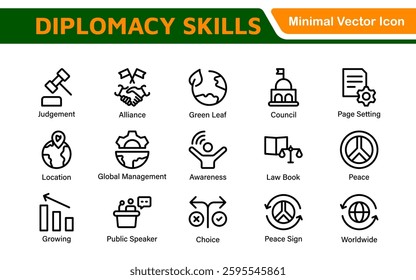 Diplomacy Line  Icons set. Vector illustration in modern thin line style of political dialogue related icons: summit, diplomatic, politics, debate, and more.