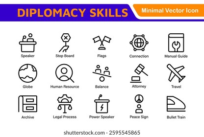 Diplomacy Line  Icons set. Vector illustration in modern thin line style of political dialogue related icons: summit, diplomatic, politics, debate, and more.