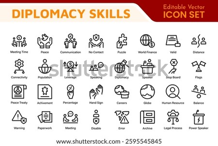 Diplomacy Line  Icons set. Vector illustration in modern thin line style of political dialogue related icons: summit, diplomatic, politics, debate, and more.