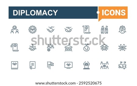 Diplomacy linear icon collection. It contains symbols to peace, peace treaty, contract, consulate, diplomatic. Outline icon. Editable vector stroke.