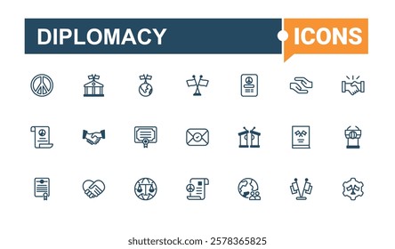 Diplomacy linear icon collection. Icons consulate, handshake, negotiation, diplomatic, partners, justice, democracy, neutrality. Vector outline and solid icons collection.