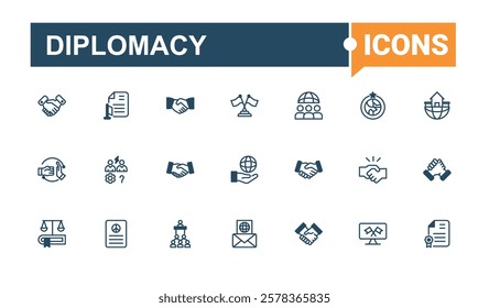 Diplomacy linear icon collection. Icons consulate, handshake, negotiation, diplomatic, partners, justice, democracy, neutrality. Vector outline and solid icons collection.