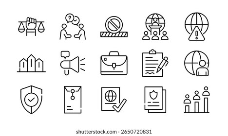 Conjunto de ícones lineares da diplomacia. Diálogo político, lei, política, paz, aliança, política externa, governo, cúpula, relações internacionais, diplomático, debate, conjunto de ícones vetores. Pacote de ícones de linha fina da interface do usuário