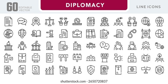 Conjunto de ícones lineares da diplomacia. Diálogo político, lei, política, paz, aliança, política externa, governo, cúpula, relações internacionais, diplomático, debate, conjunto de ícones vetores. Pacote de ícones de linha fina da interface do usuário