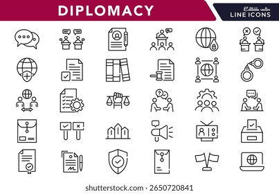 Conjunto de ícones lineares da diplomacia. Diálogo político, lei, política, paz, aliança, política externa, governo, cúpula, relações internacionais, diplomático, debate, conjunto de ícones vetores. Pacote de ícones de linha fina da interface do usuário