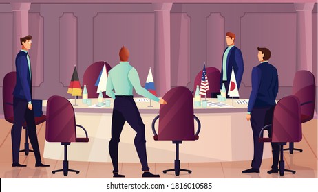 Diplomacy and negotiations background with multinational discussion symbols flat vector illustration