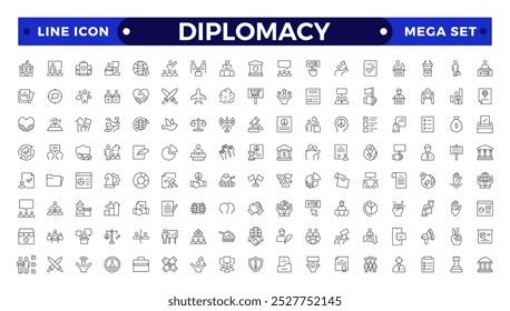 Diplomatie Skizze Ikone mit umfasst gesprochene, schriftliche Kommunikation, Führer, Diplomaten, internationales System und Außenpolitik.
