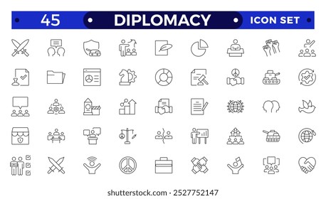 Diplomatie Skizze Ikone mit umfasst gesprochene, schriftliche Kommunikation, Führer, Diplomaten, internationales System und Außenpolitik.
