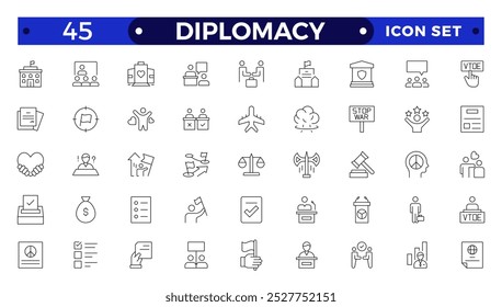 Diplomatie Skizze Ikone mit umfasst gesprochene, schriftliche Kommunikation, Führer, Diplomaten, internationales System und Außenpolitik.
