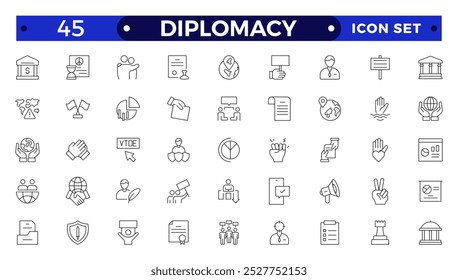 Diplomatie Skizze Ikone mit umfasst gesprochene, schriftliche Kommunikation, Führer, Diplomaten, internationales System und Außenpolitik.
