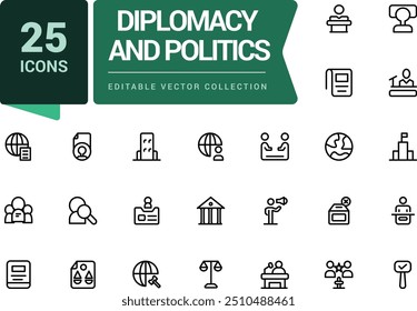 Diplomacy And Politics collection. Bundle of outline icons related to international relations. Minimalist thin linear web ui icon set. Simple editable vector stroke illustration.