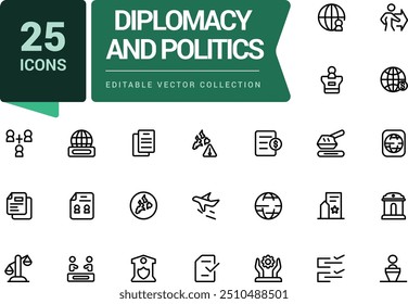 Diplomacia e Política. Conjunto de ícones relacionados às relações internacionais. Conjunto minimalista de ícones finos e lineares de interface da Web. Ilustração simples de traçado vetorial editável.