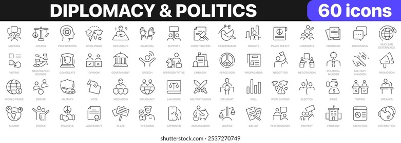 Diplomacy and politics line icons collection. Justice, propaganda, embassy, voting, election icons. UI icon set. Thin outline icons pack. Vector illustration EPS10