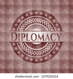 Diplomacy red badge with geometric pattern background. Seamless.