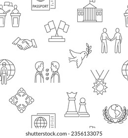 Diplomacy seamless pattern in line style. Diplomatic communication and political relations symbols. Vector illustration.