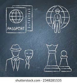 Diplomacy and spy agent icon set on chalkboard. Vector illustration.