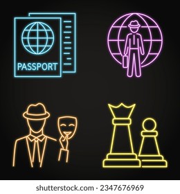 Diplomacy and spy agent neon line icon set. Vector illustration.