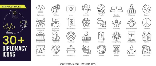 Diplomacy Stroke icon collections. Containing Letter, Pacifism, Diplomacy, Neutrality, Diplomat, Country, Economic Diplomacy and Cogwheel icons. Editable Stroke icon collection Outline icon