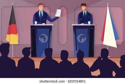 Diplomacy and tribune background with treaty discussion symbols flat vector illustration