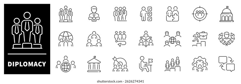 Diplomacy vector icons. Diplomacy thin line icon collection. Political summit, diplomatic, politics, debate, conference, meeting, diplomatic icons