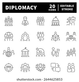 Diplomacy vector icons. Diplomacy thin line icon collection. Political summit, diplomatic, politics, debate, conference, meeting, diplomatic icons