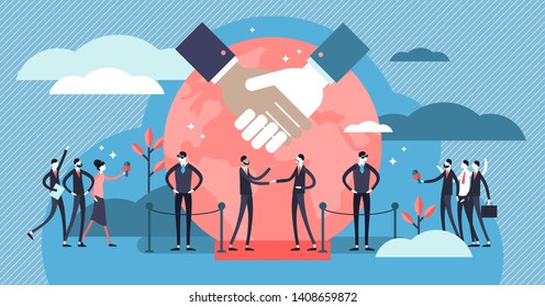 Diplomacy vector illustration. Flat tiny international politic friendship persons concept. Global meeting and conflict crisis peaceful discussion. Economical negotiation and cooperation support talk.