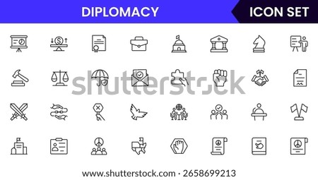 Diplomacy vector line icons featuring handshake, peace symbols, globes, negotiations, treaties, communication, alliances, embassies, international relations, and conflict resolution elements.